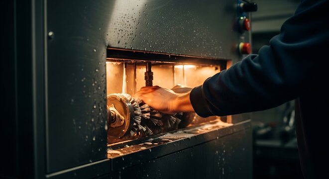 Worker's hand reaching into industrial polishing machine with rotating brushes