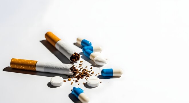 Cigarettes and pills on white background.