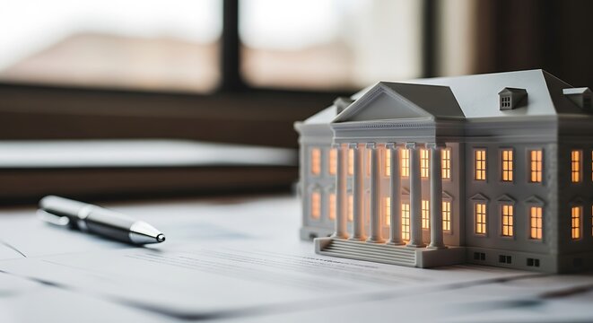 Government building model sits on paperwork with warm interior lights and a silver pen nearby. Sharp focus and cinematic bokeh create a professional mood. Ideal for legal or political marketing.