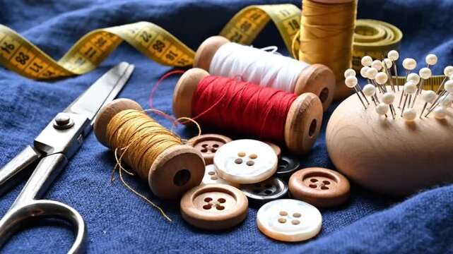 Sewing essentials on blue fabric.