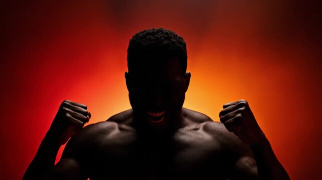 Silhouette of a muscular man flexing his biceps against a vibrant red and orange background, showcasing strength and determination.