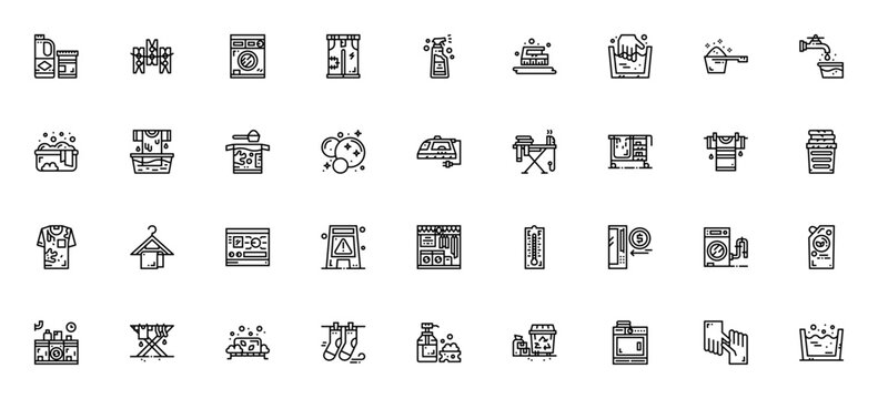 Laundry icon set. Vector laundry symbols collection. Includes bleach, washing machine, detergent, ironing, dryer, hanger and more. Editable stroke icons.