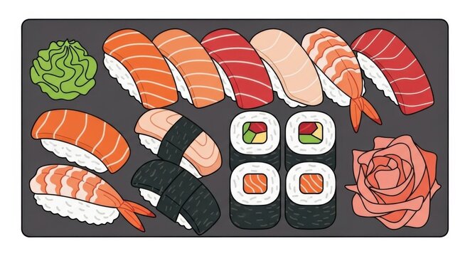 Assorted sushi platter with wasabi rose