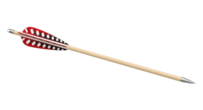 A close-up view of a traditional wooden arrow with a red and white feathered fletching. isolated on transparent background