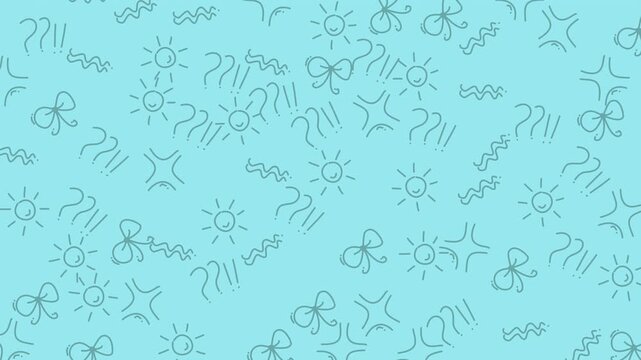 Repeating pattern of bows, stars, suns, and squiggles. Ideal for festive designs, gift wrapping, party decorations, and stationery.