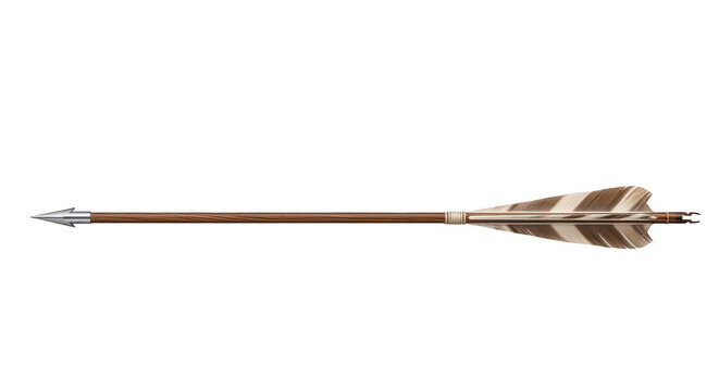 A traditional arrow with a wooden shaft and feather fletching, ready for archery. isolated on transparent background