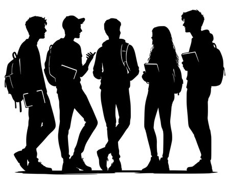 Silhouette illustration of a group of students standing together with books and backpacks. Ideal for concepts of education, university life, friendship, study groups, and campus social activity.