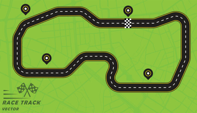 Creative vector illusion of race track or road symbol isolated on green background.