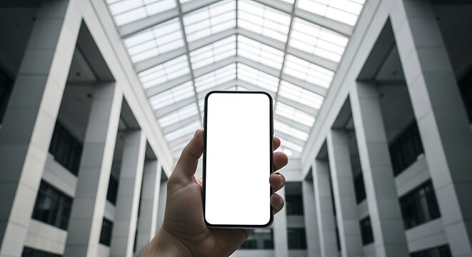 Mobile phone mockup featuring a white blank screen held against a modern office atrium with a glass ceiling. Sharp focus highlights the device. Ideal for app design and digital marketing materials.