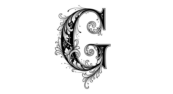 Elegant decorative letter g with floral elements isolated on white background