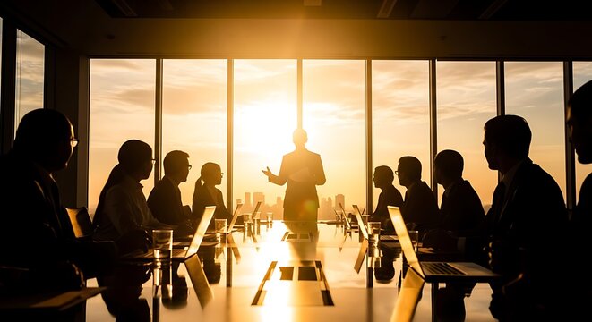 Silhouetted business professionals gather around a boardroom table as a leader speaks against a golden city skyline. This is a powerful visual for corporate website headers.