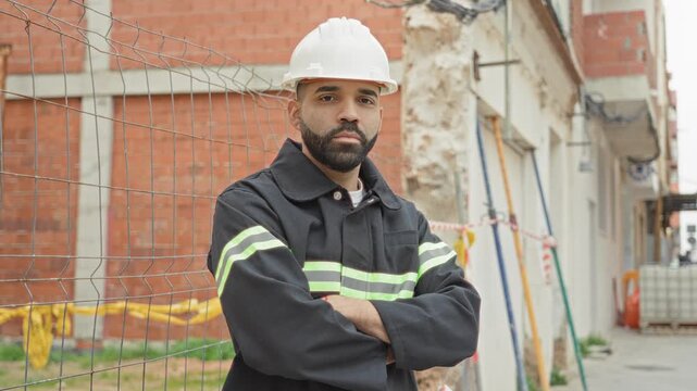 Man architect in white hardhat and reflective vest with arms crossed at building construction site observing work; confidence oversight responsibility.