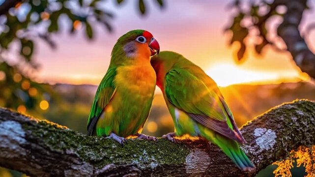 Two lovebirds perched on a tree branch at sunset.