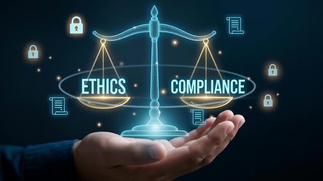 Ethics compliance balance with hand holding digital scale symbolizing agreement management regulatory consent privacy trust standards business legal practices adherence