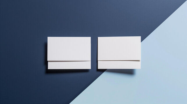 Two blank white horizontal corporate business cards placed side by side on a modern diagonal dual tone blue background backdrop