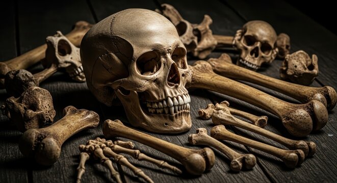 Human Skull and Bones Displayed on a Dark Wooden Table.