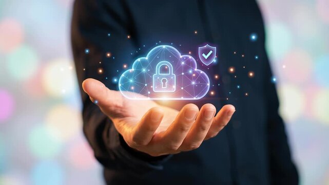 Cloud security concept with lock and shield icons floating above hand symbolizing privacy consent regulatory compliance ethics agreement management digital data protection and secure digital privacy
