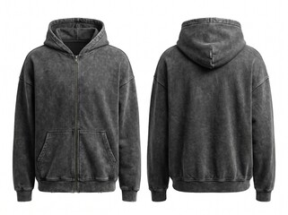 Blank Dark Grey Acid Wash Zip Up Hoodie Mockup with Front and Back View, Oversized Vintage Streetwear Template on White Background © rea