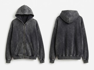 Dark Grey Acid Wash Zip-Up Hoodie Mockup Front and Back View, Oversized Fleece Sweatshirt with Kangaroo Pocket Isolated on White Background © rea