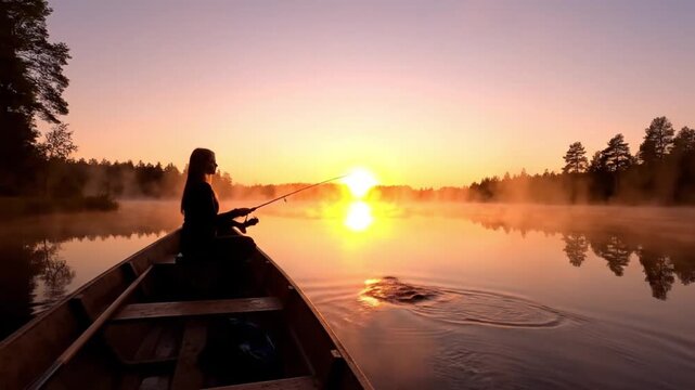 Woman fishing from a boat on a misty lake at sunrise.