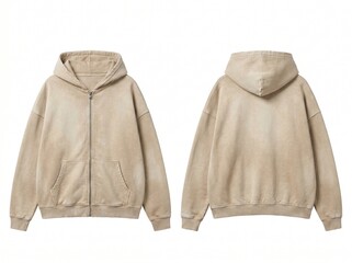 Blank Oversized Beige Zip-Up Hoodie Mockup Front and Back View, Vintage Acid Wash Streetwear Fleece Sweatshirt on White Background © rea