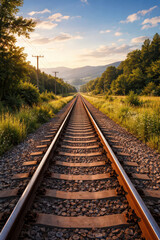 Obraz premium Scenic view of railway tracks leading into the mountains at sunset.