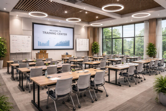 Modern training center setup with tables, chairs, and a presentation screen.