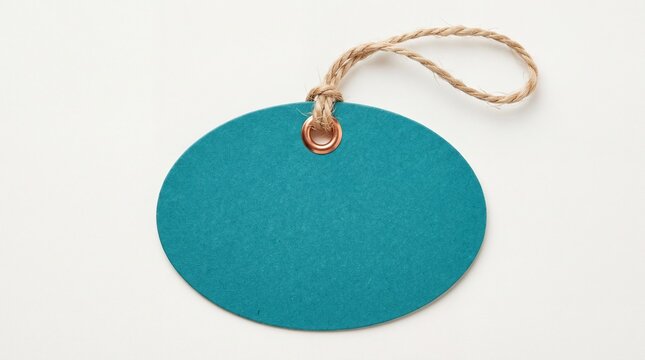 Round teal paper gift tag with jute string
