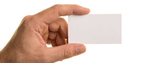 Obraz premium Hand holding blank white card isolated on white background