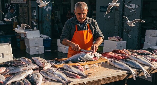 夕日を浴びて金色に輝く活気ある市場の風景熟練の男性が新鮮な魚を手際よくさばく姿背景には多くの飛ぶカモメの群れと賑やかな人々の気配. AI Generated