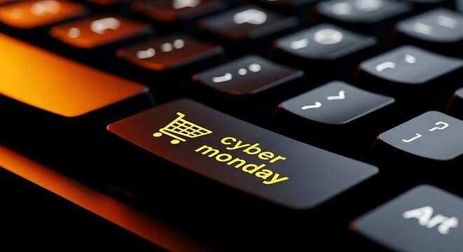 Cyber Monday key illuminated with a shopping cart icon on a sleek mechanical keyboard with warm orange ambient lighting. Perfect for digital retail promotions and seasonal sale advertising.