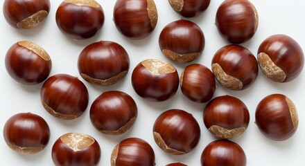 Obraz premium 柔らかな光に照らされ光沢を放つ栗が白い背景に散らばる秋の恵み 美しく豊かな自然の営み. AI Generated
