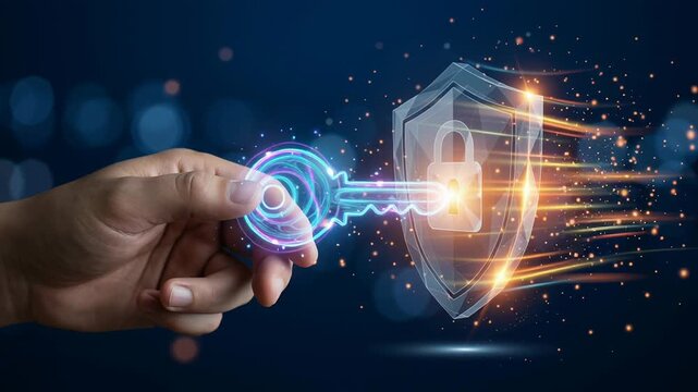 Digital key and shield lock symbol represent privacy consent regulatory compliance ethics agreement management unlocking secure data protection in cybersecurity and digital security management