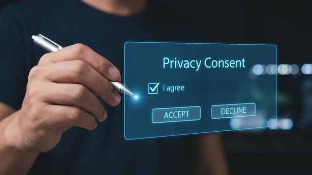 Privacy consent agreement management with hand holding pen and digital checkbox for regulatory compliance and ethics acceptance in data protection and management