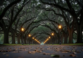 Fototapeta premium Enchanting tree lined avenue with string lights glowing path
