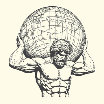 Atlas holding the globe with muscular physique mythological figure artwork muscular mythology strength athletic powerful illustration monochrome detailed carrying shoulders patriarchal
