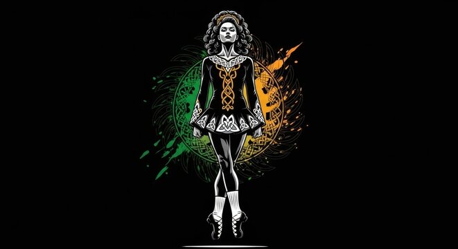 Irish Dancer in Traditional Costume with Artistic Splatter.