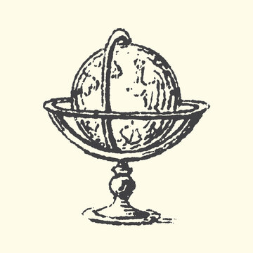 Vintage globe on a stand with antique object geographic spherical knowledge education discovery exploration illustration monochrome decorative research communication international