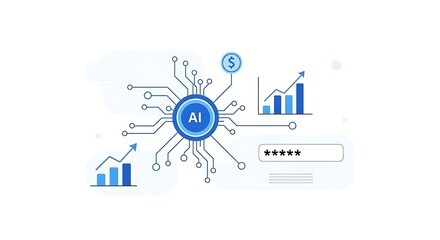 Fototapeta premium Artificial intelligence central hub integrates with ascending financial graphs and currency symbols. Sharp focus on digital circuitry and analytical data. Perfect for fintech presentations.