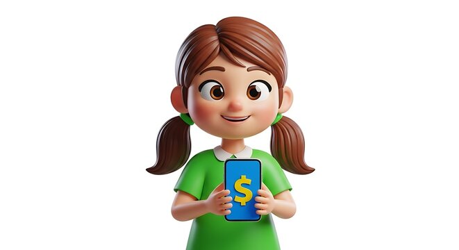 Youthful character holding a blue smartphone with a yellow dollar sign symbol against a white background. Sharp focus and soft lighting. Ideal for fintech mobile app interfaces and marketing.