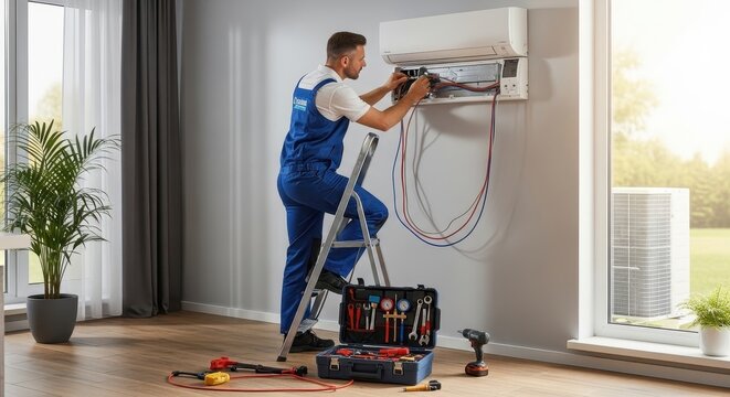 HVAC Technician Repairing Air Conditioner Unit Indoors.