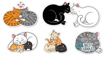 Cuddling cat pairs in various affectionate poses with hearts and best cuddles text © Waqas