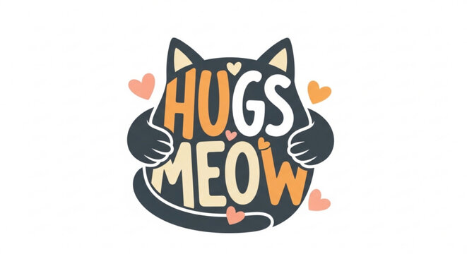 Cute black cat with hugs meow text and hearts affectionate feline graphic
