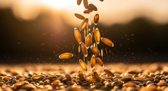 Falling wheat grains in golden sunset light during harvest season