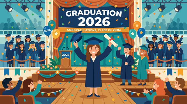 Joyful Class of 2026 graduates celebrate academic achievement on a brightly lit stage with proud family and friends, marking a memorable milestone and new beginnings