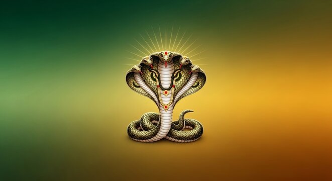Nag Panchami Spiritual Banner with Sacred Snake Deity in Green and Gold Gradient, Traditional Hindu Festival Illustration with Divine Aura and Patterns