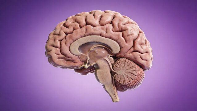 Detailed Human Brain Anatomy Sagittal Section Against Purple Background