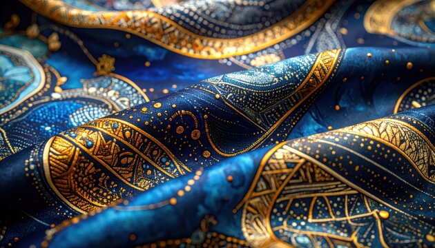 Luxurious Blue Fabric with Gold Patterns.