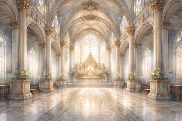 Obraz premium A grand, illuminated interior of a cathedral with ornate architecture.