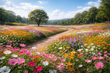 Obraz premium A vibrant field of colorful flowers with a winding path under a blue sky.